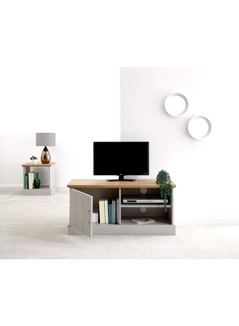 Home Source Oak Top TV Stand with Open Storage Shelves and Grooved Panels, Grey, 1 Door 1 Shelf - Image 1
