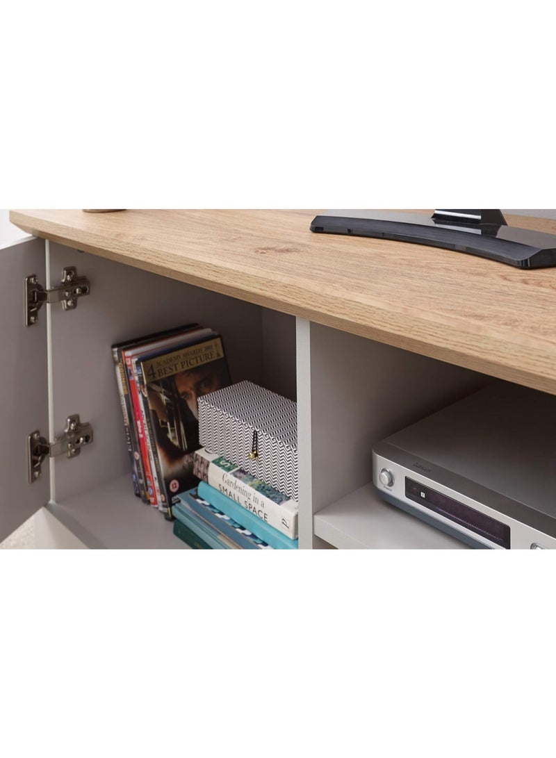 Home Source Oak Top TV Stand with Open Storage Shelves and Grooved Panels, Grey, 1 Door 1 Shelf - Image 3