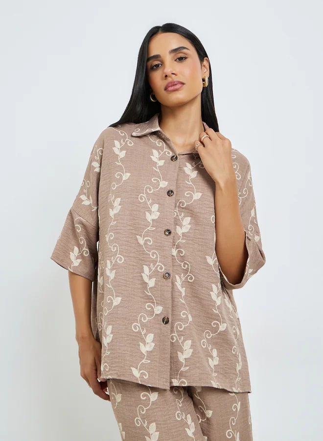 Styli Beige Floral Print Shirt and Trousers Co-Ords