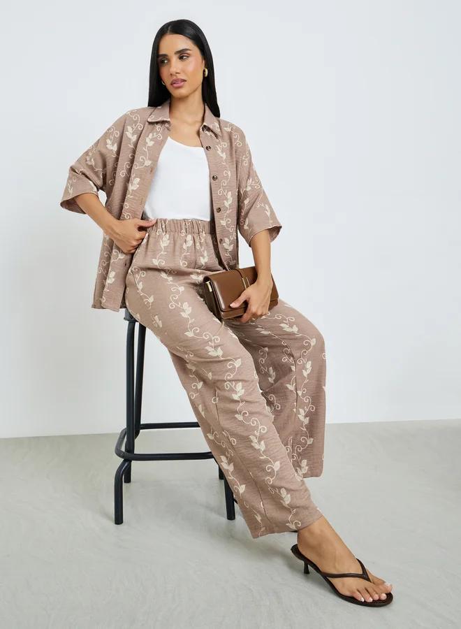 Styli Beige Floral Print Shirt and Trousers Co-Ords
