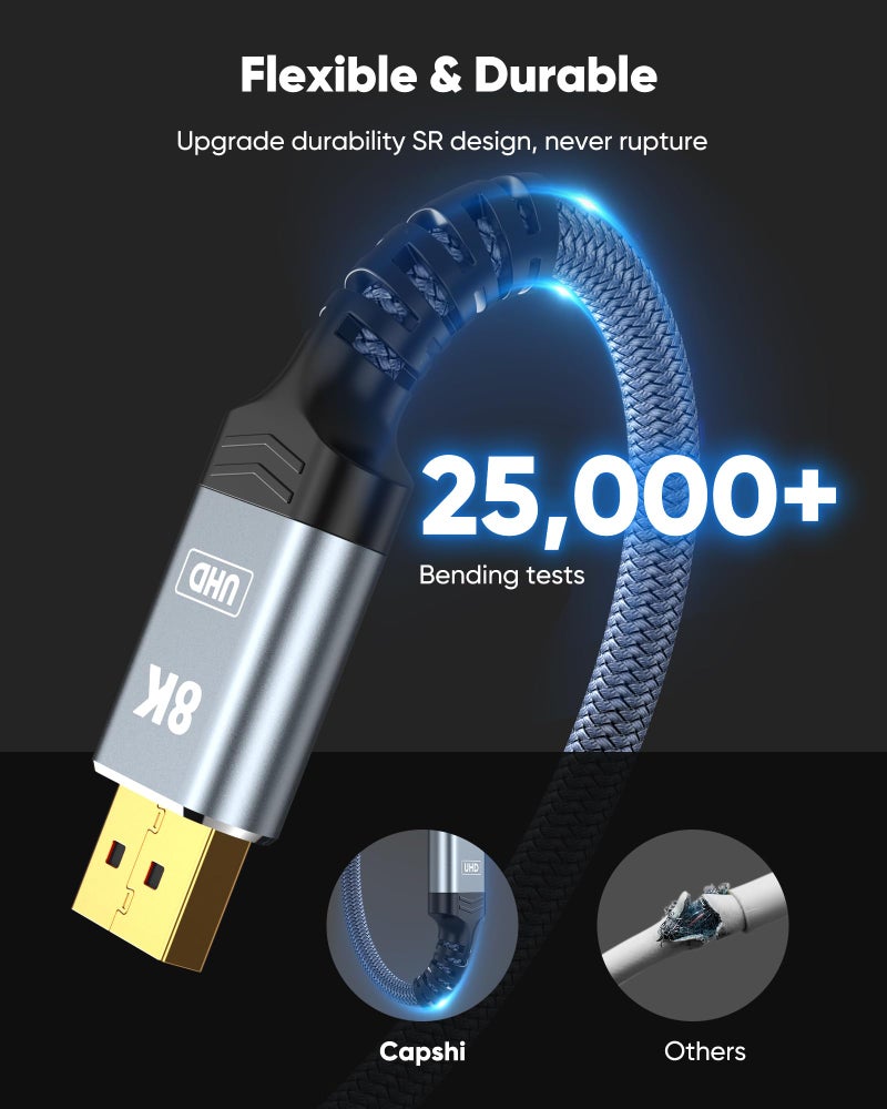 Capshi 8K 4K DisplayPort Cable 1.4, Fiber Optic 50FT DP Cord (8K@60Hz, 4K@144Hz, 2K@240Hz/165Hz), 32.4Gbps High Speed Display Port Cable for Gaming Monitor, HDR/FreeSync/G-Sync, Braided, Grey - Image 5