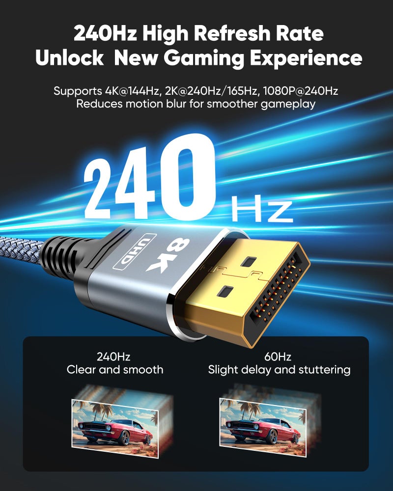 Capshi 8K 4K DisplayPort Cable 1.4, Fiber Optic 50FT DP Cord (8K@60Hz, 4K@144Hz, 2K@240Hz/165Hz), 32.4Gbps High Speed Display Port Cable for Gaming Monitor, HDR/FreeSync/G-Sync, Braided, Grey - Image 4