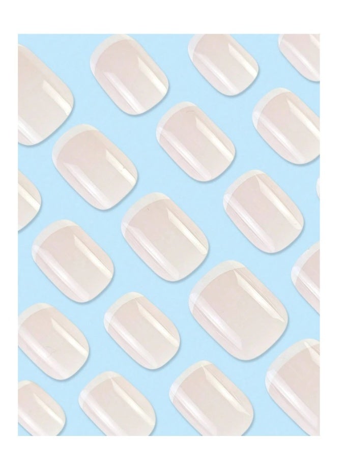 24 Pcs French Tip Press On Nails, Short Square White Border Design, Long False Nails Set with Glue Tabs, Reusable Nail Art for Party & Everyday Wear - Image 1