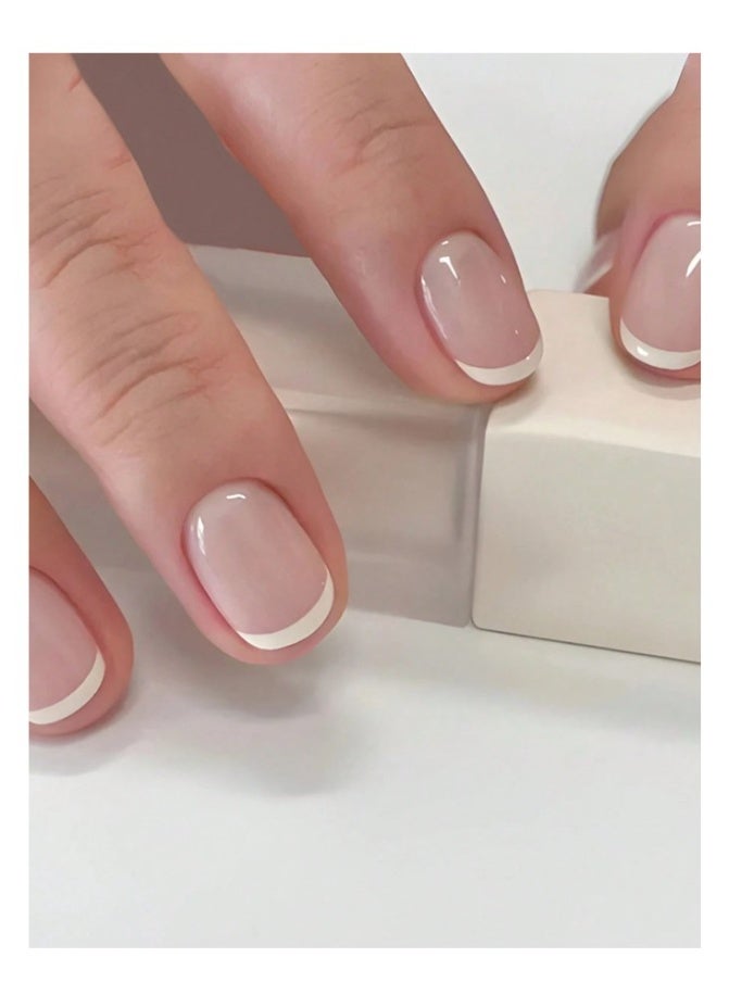 24 Pcs French Tip Press On Nails, Short Square White Border Design, Long False Nails Set with Glue Tabs, Reusable Nail Art for Party & Everyday Wear - Image 1