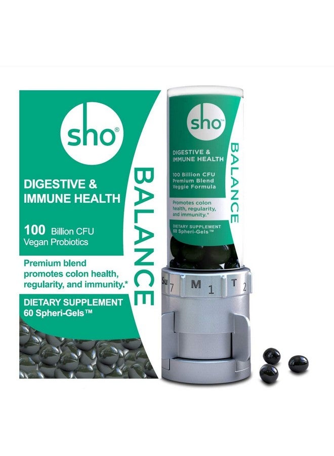 SHO Balance 100 Billion CFU Prebiotics & Probiotics for Digestive Health, Gut Health Vegan Supplement for Women & Men, Lactobacillus Casei, Shelf Stable 60 Softgels with Dispenser - Image 1