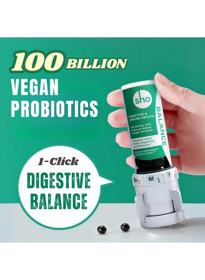 SHO Balance 100 Billion CFU Prebiotics & Probiotics for Digestive Health, Gut Health Vegan Supplement for Women & Men, Lactobacillus Casei, Shelf Stable 60 Softgels with Dispenser - Image 2