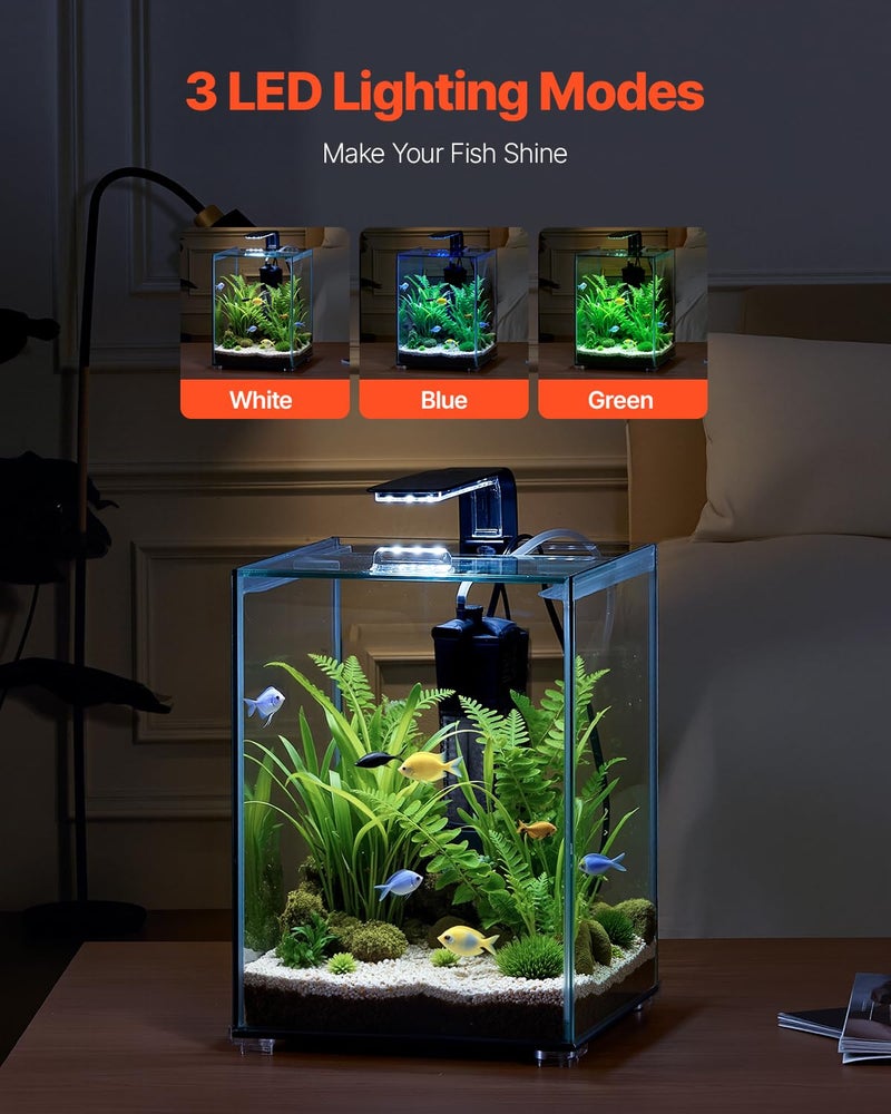 VEVOR Fish Tank Aquarium, 5 Gallon Square Ultra-Clear Glass Starter Smart Tank Adjustable 3 Color Lighting, Self Cleaning System Fishbowl for Freshwater & Saltwater Fish Home, Office, or Pet Use - Image 3