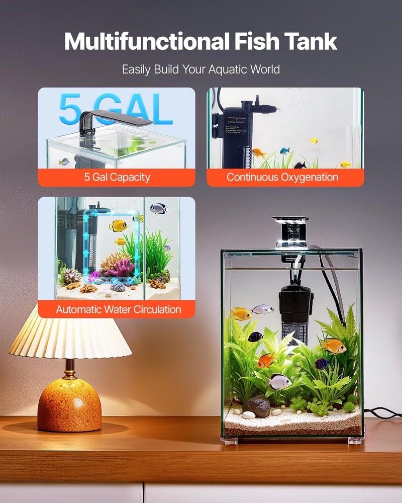 VEVOR Fish Tank Aquarium, 5 Gallon Square Ultra-Clear Glass Starter Smart Tank Adjustable 3 Color Lighting, Self Cleaning System Fishbowl for Freshwater & Saltwater Fish Home, Office, or Pet Use - Image 2