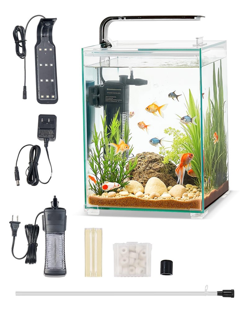 VEVOR Fish Tank Aquarium, 5 Gallon Square Ultra-Clear Glass Starter Smart Tank Adjustable 3 Color Lighting, Self Cleaning System Fishbowl for Freshwater & Saltwater Fish Home, Office, or Pet Use - Image 1