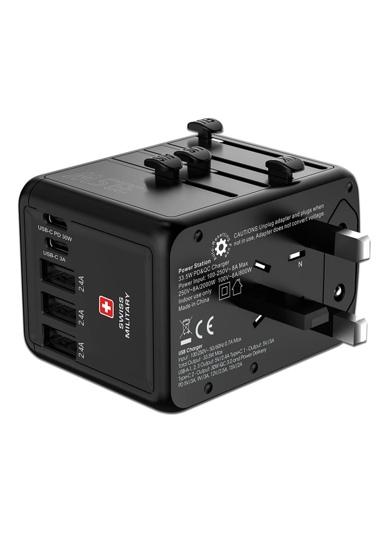 SWISS MILITARY - Universal International Travel Power Adapter, Wall Charger with 3 ultra-fast USB port and 2 Type C Port, Multi-Adapter Plugs for UK EU US AU IND and Compatible with all device - Black - Image 1