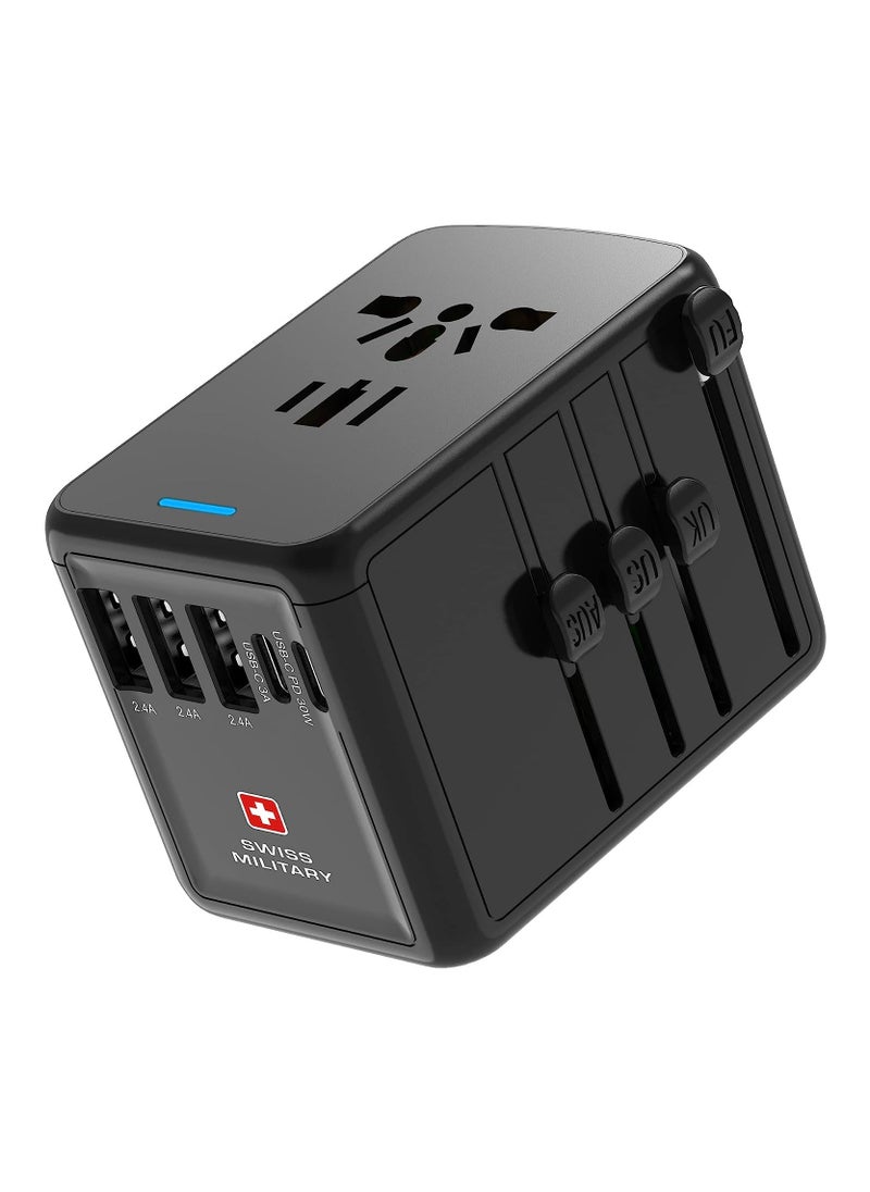 SWISS MILITARY - Universal International Travel Power Adapter, Wall Charger with 3 ultra-fast USB port and 2 Type C Port, Multi-Adapter Plugs for UK EU US AU IND and Compatible with all device - Black - Image 1