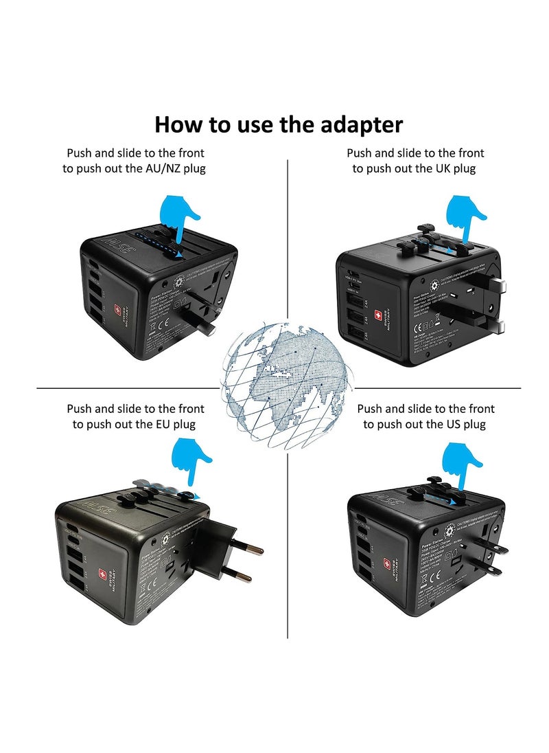 SWISS MILITARY - Universal International Travel Power Adapter, Wall Charger with 3 ultra-fast USB port and 2 Type C Port, Multi-Adapter Plugs for UK EU US AU IND and Compatible with all device - Black - Image 1