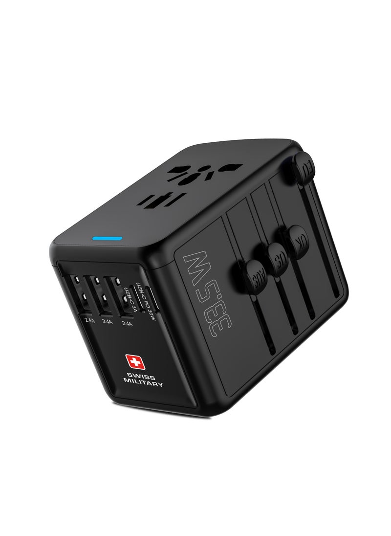 SWISS MILITARY - Universal International Travel Power Adapter, Wall Charger with 3 ultra-fast USB port and 2 Type C Port, Multi-Adapter Plugs for UK EU US AU IND and Compatible with all device - Black - Image 1