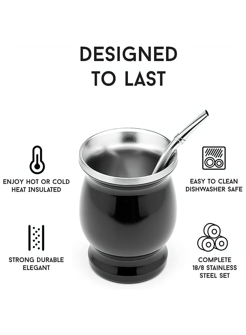KASTWAVE Yerba Mate Tea Cup, Stainless Steel Double Walled Easy Wash Household Insulation Cup, Mate Gourds for Yerba Mate Loose Leaf Drinking with Bombilla Straw, Black, 230 Ml - Image 4