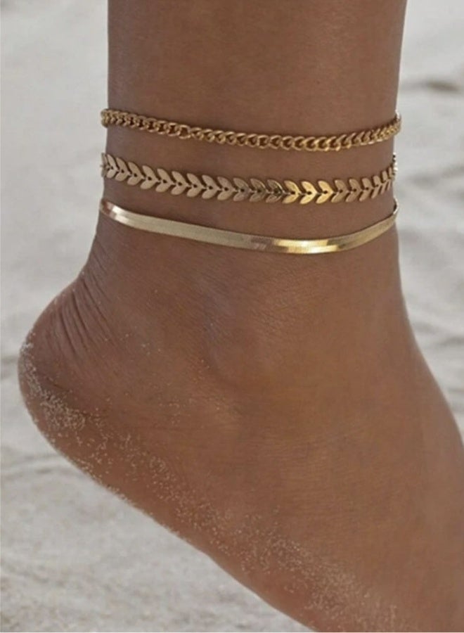 3Pcs Set Simple Vintage Women Ankle Bracelets Flat Snake Chain Wheat Chain Adjustable Beach Party Daily Wear Boho Minimalist Jewelry For Summer Vacation - Image 1