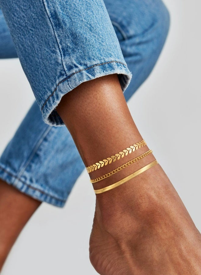 3Pcs Set Simple Vintage Women Ankle Bracelets Flat Snake Chain Wheat Chain Adjustable Beach Party Daily Wear Boho Minimalist Jewelry For Summer Vacation - Image 3