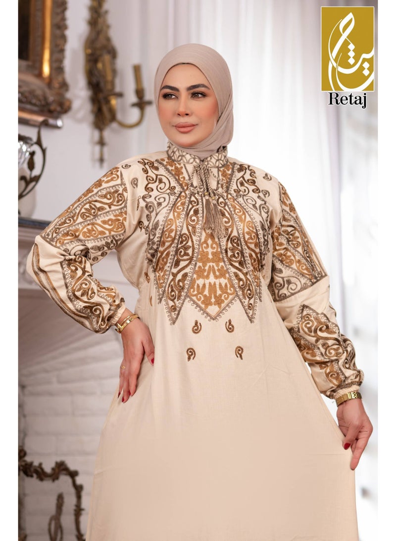 عباية نسائية كتان بلانكا فاخرة بتصميم أدوار مطرزة – عباية خروج واستقبال راقية - Image 3