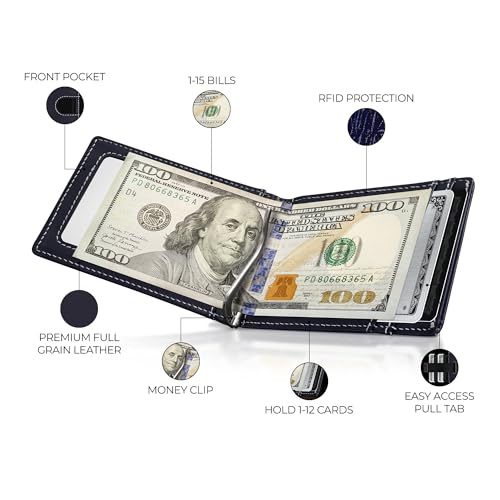 Kingly Cash Clip Slim Leather Wallet for Men with RFID Blocking Money Clip Minimalist Front Pocket Bifold Wallet Holds 12 Cards Secure Card Holder with Easy Access Pull Tab - Image 3