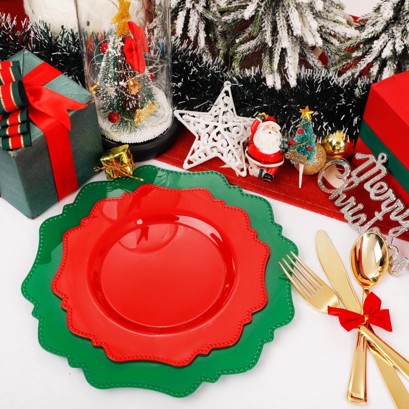 COLOSUS 60pcs Disposable Plastic Plates  Red and Green Plastic Party Plates  Heavy Duty 30 Green Dinner plate 10.5  and 30 Red Salad/Dessert Plate 8.25  suite for Party Dinner - Image 3