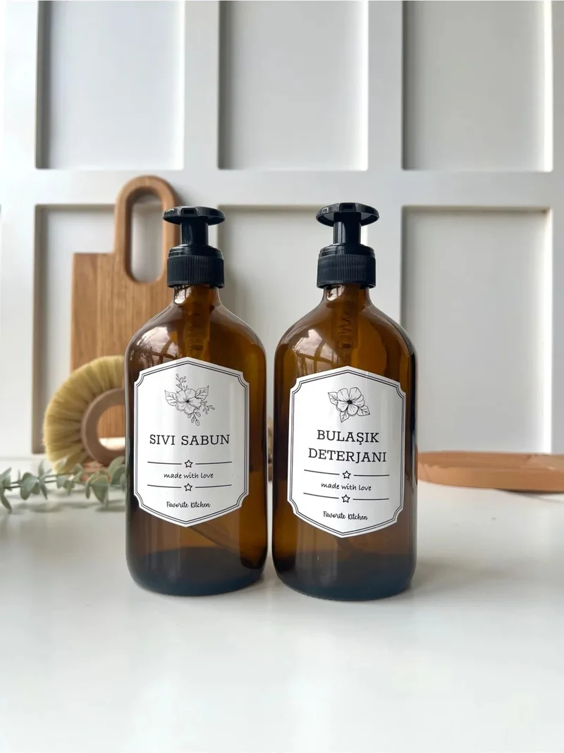موتوجو 2-Piece Amber Glass Liquid Soap Dishwashing Liquid Bottle Soap Dispenser 500ML