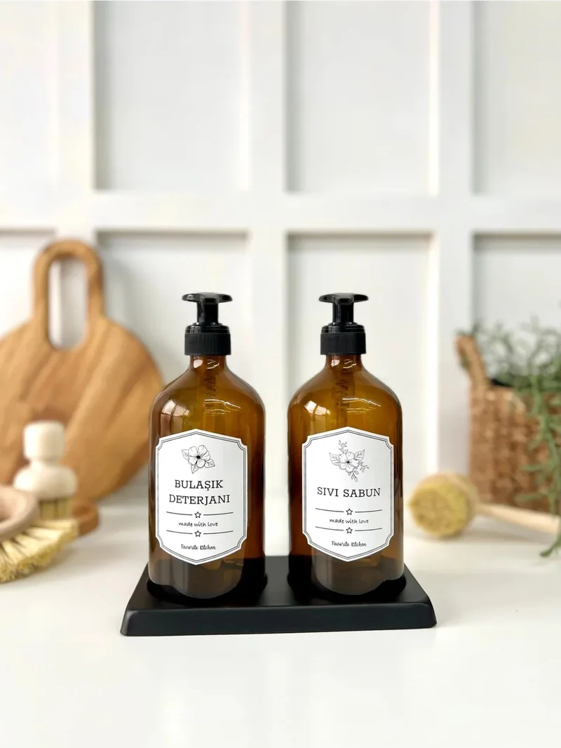 موتوجو 2-Piece Amber Glass Liquid Soap Dishwashing Liquid Bottle Soap Dispenser 500ML