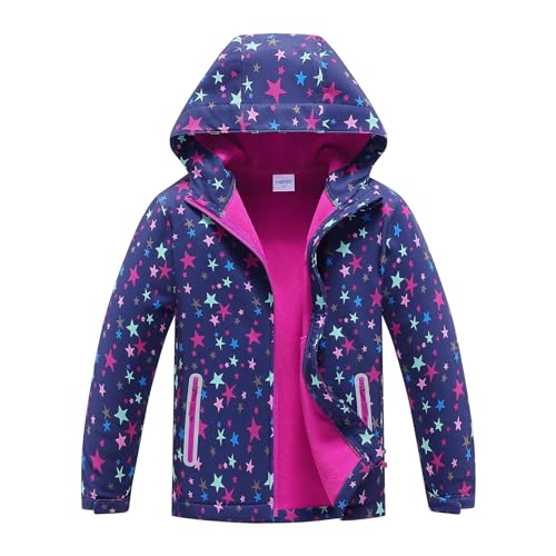MGEOY Kids Rain Jacket Light Waterproof Hooed Fleece Lined Raincoat Windbreakers for Girls Star 5/6 - Image 1