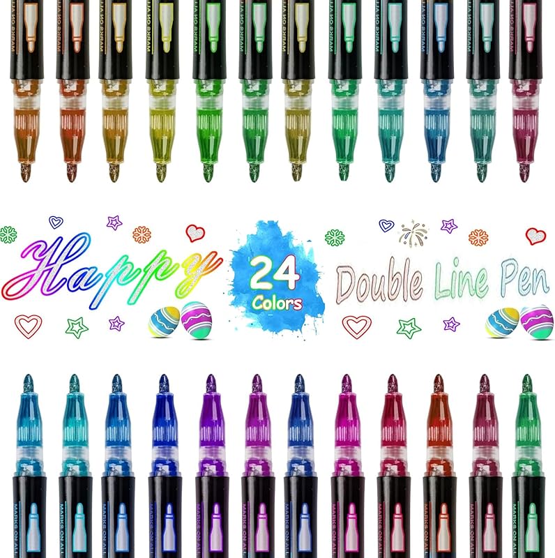 Double Line Outline Markers, 24 Colors Super Squiggles Shimmer Outline Marker Pen Set, Shimmer Glitter Pens Set for Birthday Greeting, Drawing, Writing, DIY Art Crafts