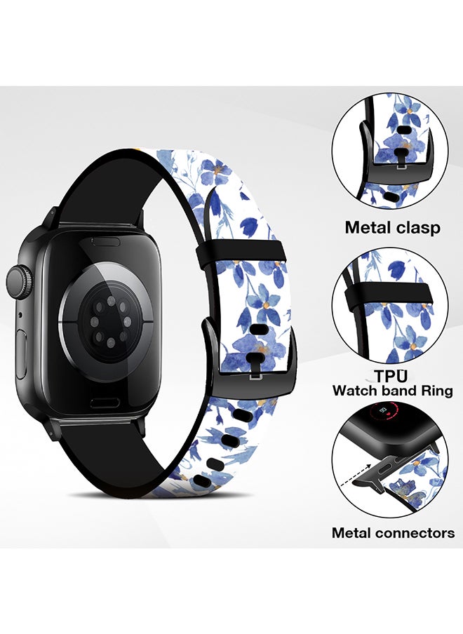 O Ozone Silicone Straps For Apple Watch Series 10 9 8 7 6 5 4 SE 38/40/41/42mm Stylish Pattern Silicone Straps Watch Bands - Blue Flowers  - Image 4