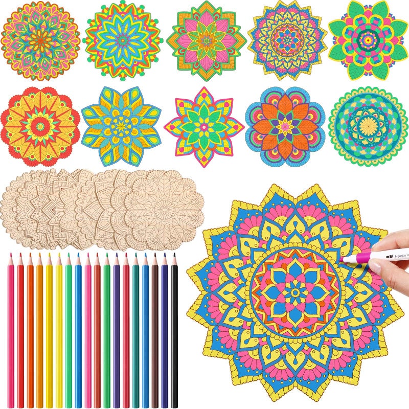 Vercraft 28 Pcs Wooden Mandala Painting Set 10 Unfinished Wood Cutouts with 18 Colored Pencil for Making Kit Mandala Crafts for Painting DIY Crafts Home DecorsFloral Style