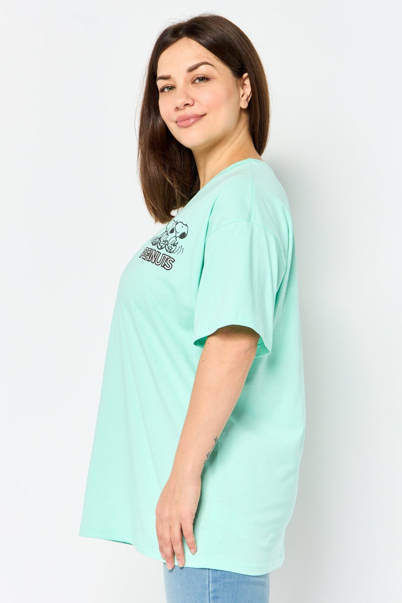 Peanuts Women Crew Neck Short Sleeve Graphic Print T-shirt, Mint Green - Image 3