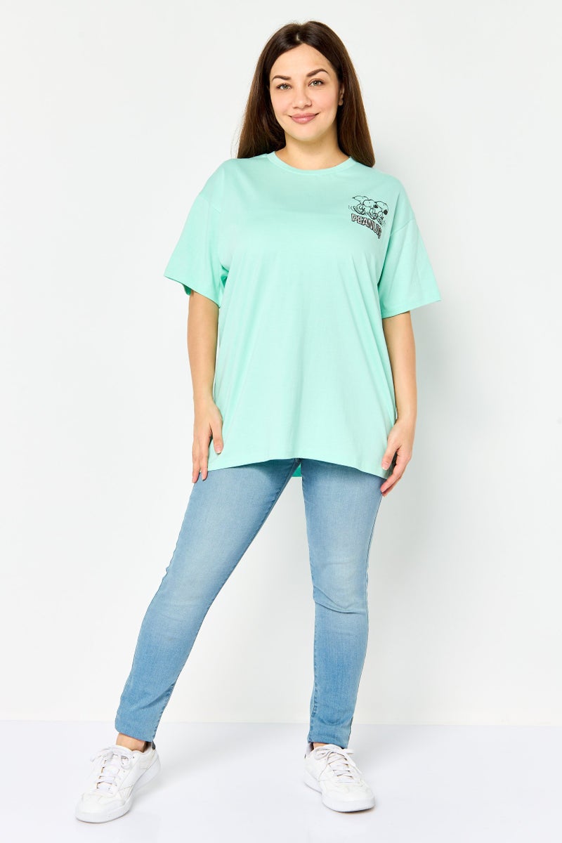 Peanuts Women Crew Neck Short Sleeve Graphic Print T-shirt, Mint Green - Image 2