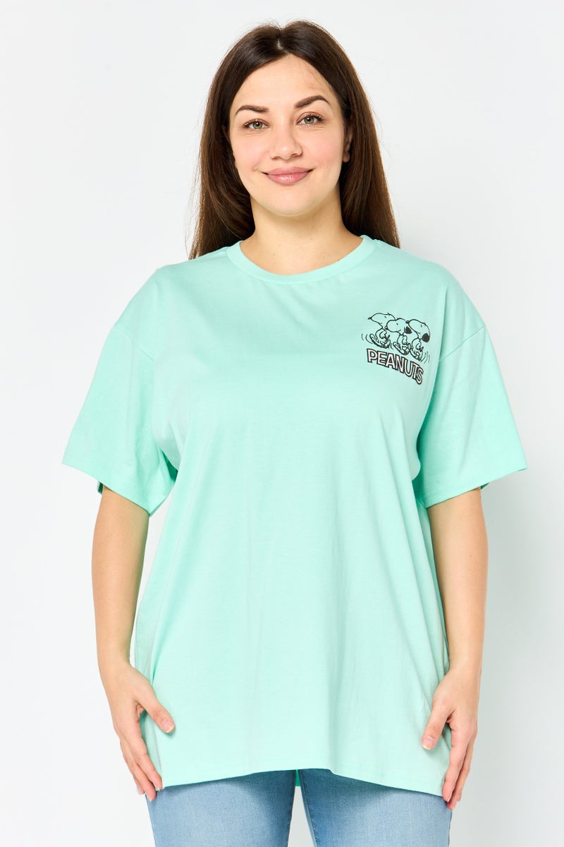 Peanuts Women Crew Neck Short Sleeve Graphic Print T-shirt, Mint Green - Image 1
