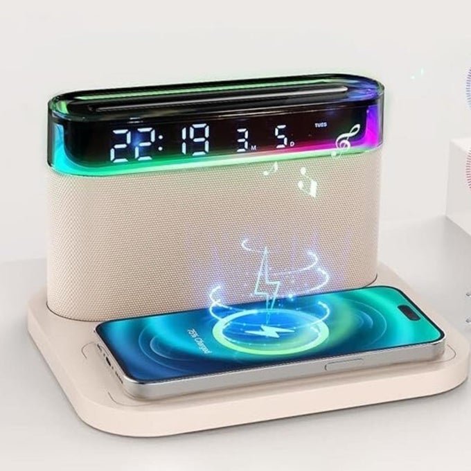 MULTIFUNCTIONAL LED ALARM CLOCK WITH BLUETOOTH SPEAKER WIRELESS CHARGER RGB NIGHT LIGHT USBC CHARGING 4 COLOR OPTIONS PERFECT FOR HOME OFFICE AND BEDROOM DECOR