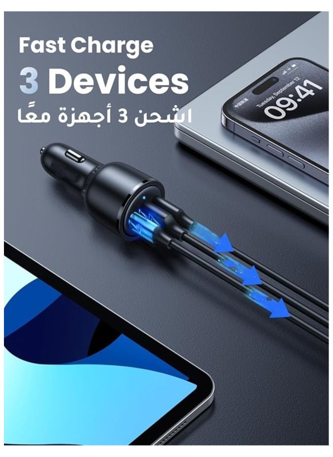 سبون محول سيارة سريع يو اس بي 84 واط ، 3 منافذ للهاتف المحمول ، مقبس شحن سريع ، شاحن سيارة محمول متوافق مع ماك بوك برو / اير ، سامسونج اس 24 الترا/ اس24 ،ايفون 16 برو ماكس / 14/13، ايباد برو أسود  - Image 3