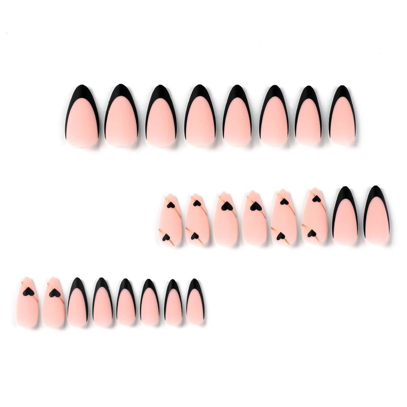 NBNTGH Black French Tip Press on Nails Medium Almond Fake Nails with Black Heart Design Gold Line Stick on Nail Glossy Full Cover Glue on Nails Stiletto False Nail for Women Valentines Manicure 24pcs - Image 2