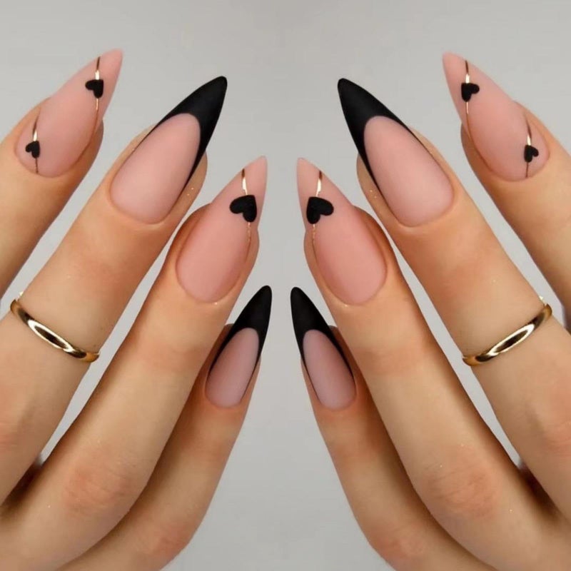 NBNTGH Black French Tip Press on Nails Medium Almond Fake Nails with Black Heart Design Gold Line Stick on Nail Glossy Full Cover Glue on Nails Stiletto False Nail for Women Valentines Manicure 24pcs - Image 1