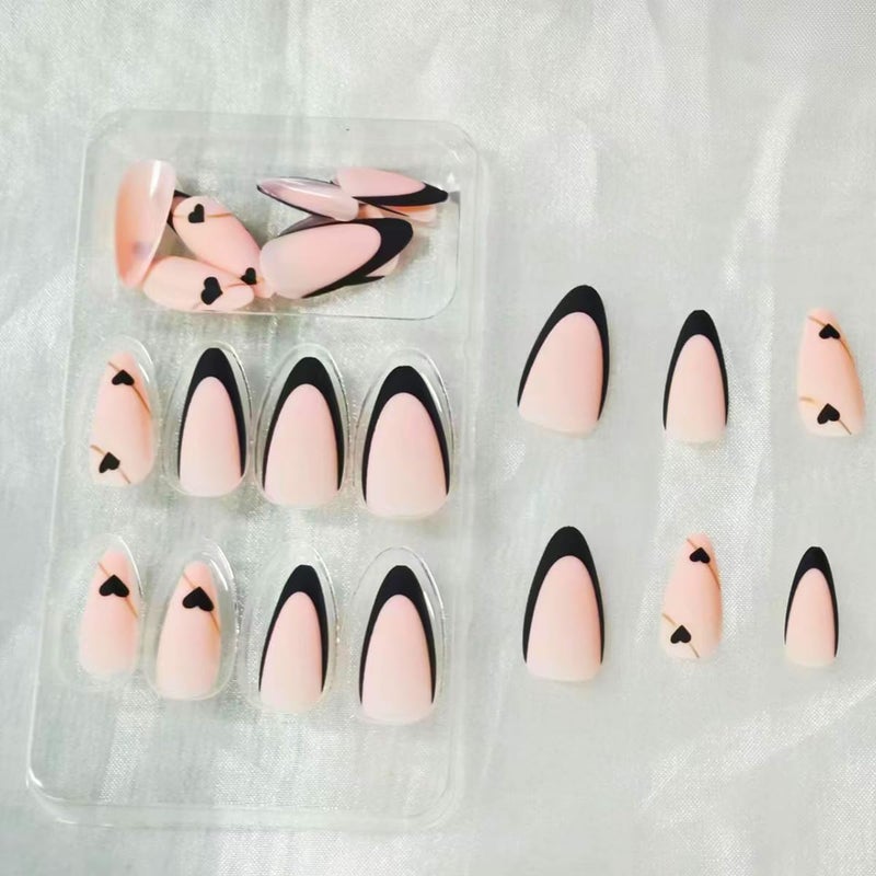 NBNTGH Black French Tip Press on Nails Medium Almond Fake Nails with Black Heart Design Gold Line Stick on Nail Glossy Full Cover Glue on Nails Stiletto False Nail for Women Valentines Manicure 24pcs - Image 4