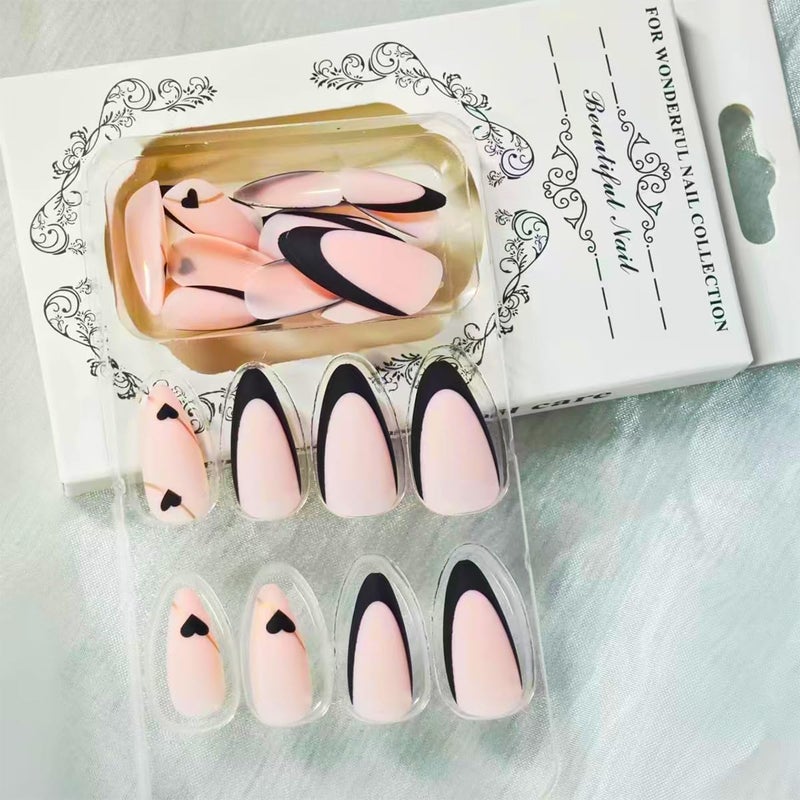 NBNTGH Black French Tip Press on Nails Medium Almond Fake Nails with Black Heart Design Gold Line Stick on Nail Glossy Full Cover Glue on Nails Stiletto False Nail for Women Valentines Manicure 24pcs - Image 5
