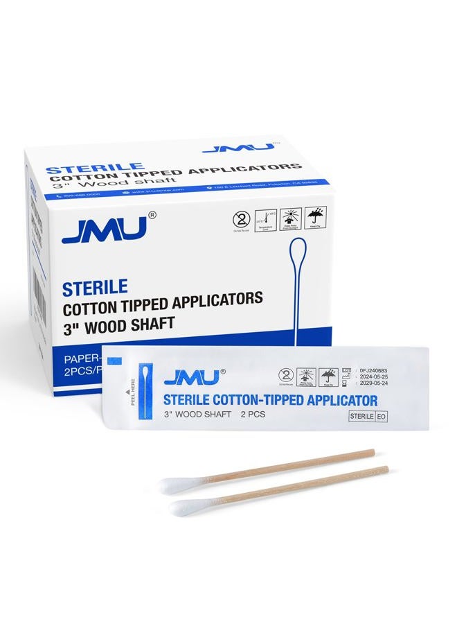JMU Sterile Cotton Tipped Applicators 3", 200 Count Sterile Cotton Swabs, Wood Shaft Medical Swabs - Image 1