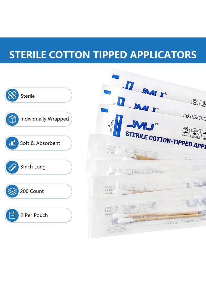 JMU Sterile Cotton Tipped Applicators 3", 200 Count Sterile Cotton Swabs, Wood Shaft Medical Swabs - Image 2