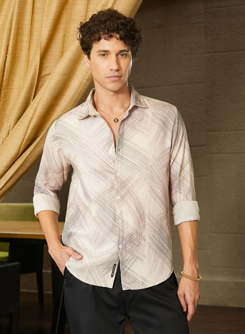 كامبوس سوترا Men's Saltbox Beige Faded Strokes Shirt For Casual Wear | Spread Collar | Long Sleeve | Button Closure | Shirt Crafted With Comfort Fit For Everyday Wear
