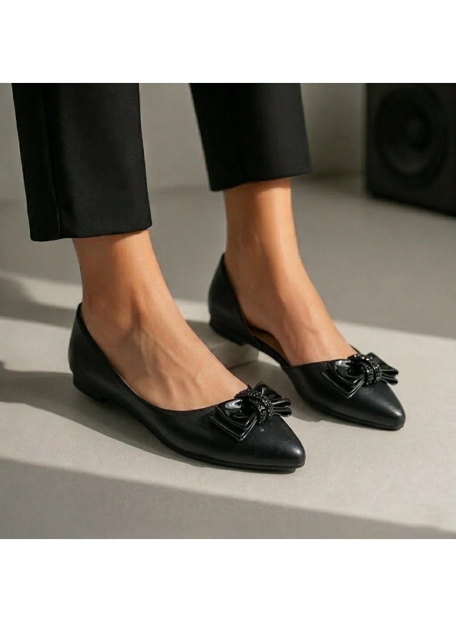 لايف ستيلاش  باليرينا مسطحة من الجلد مع ربطة أنيقة BN-520 - أسود - Image 1