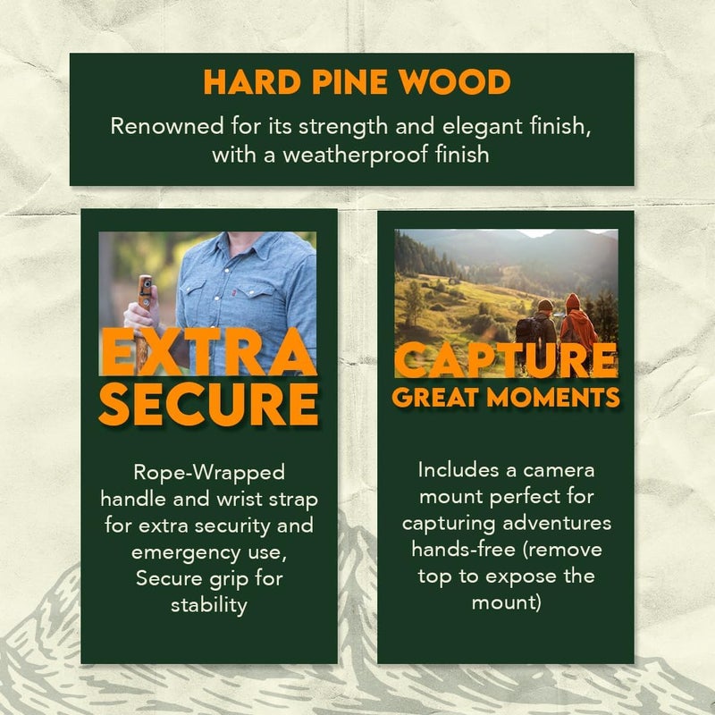 SE 3 Piece 55" Detachable Pine Wood Walking/Hiking Stick with Metal Tip, Reinforced Rubber Tip, and Water-Resistant Travel Pouch - Portable and Durable for Outdoor Adventures - Image 2