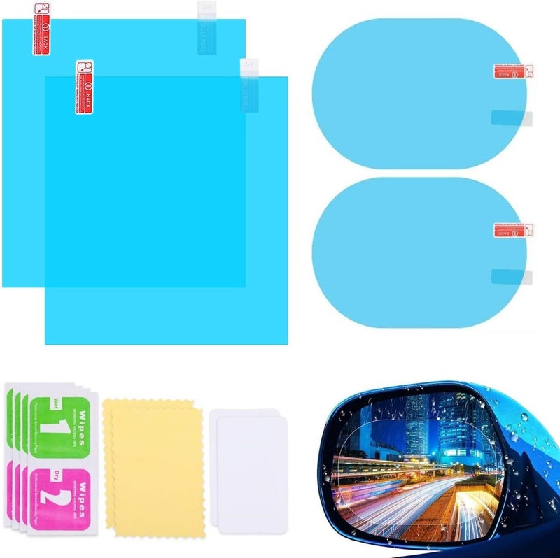 TECHNOVIBES 4pcs Car Rearview Mirror Films Anti-Rain Fog Waterproof PET Clear Film Accessories (2 Oval + 2 Square Film) - Image 1