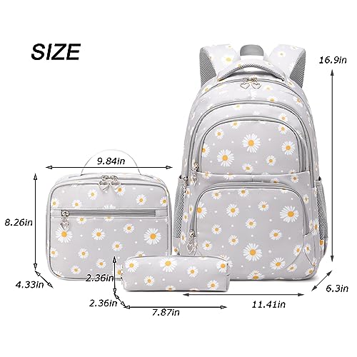 ZHIERNA Daisy Printed Backpacks for Girls with Lunch Bag Pencil Case 3pcs Set, Lightweight Elementary Bookbags for Teen Girlsï¼ˆGreyï¼‰ - Image 2