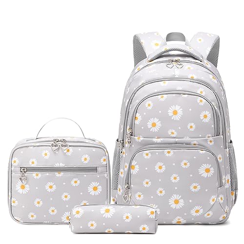 ZHIERNA Daisy Printed Backpacks for Girls with Lunch Bag Pencil Case 3pcs Set, Lightweight Elementary Bookbags for Teen Girlsï¼ˆGreyï¼‰ - Image 1
