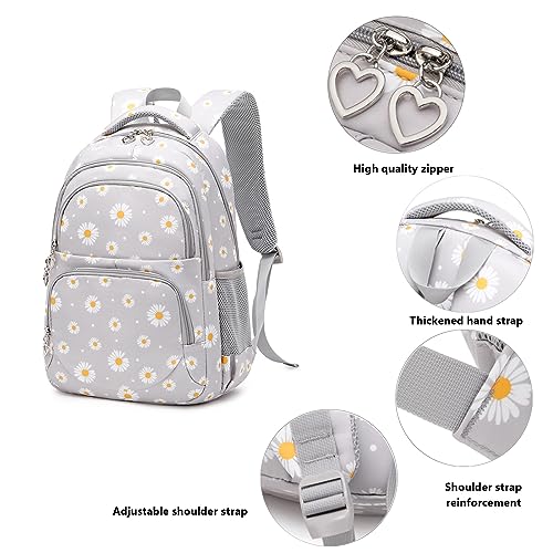 ZHIERNA Daisy Printed Backpacks for Girls with Lunch Bag Pencil Case 3pcs Set, Lightweight Elementary Bookbags for Teen Girlsï¼ˆGreyï¼‰ - Image 3