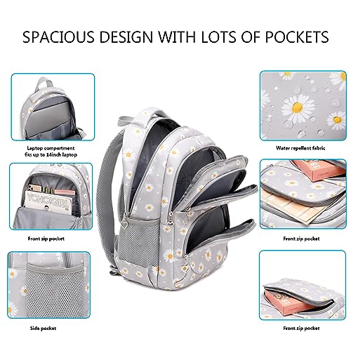 ZHIERNA Daisy Printed Backpacks for Girls with Lunch Bag Pencil Case 3pcs Set, Lightweight Elementary Bookbags for Teen Girlsï¼ˆGreyï¼‰ - Image 5