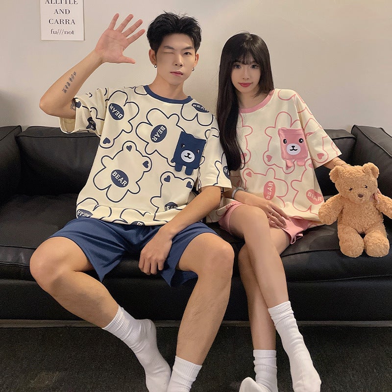 Summer Couple Pajamas Cotton Short-Sleeved Shorts Thin Cartoon Cute One Male And One Female Outwear Loose Home Clothes - Image 1