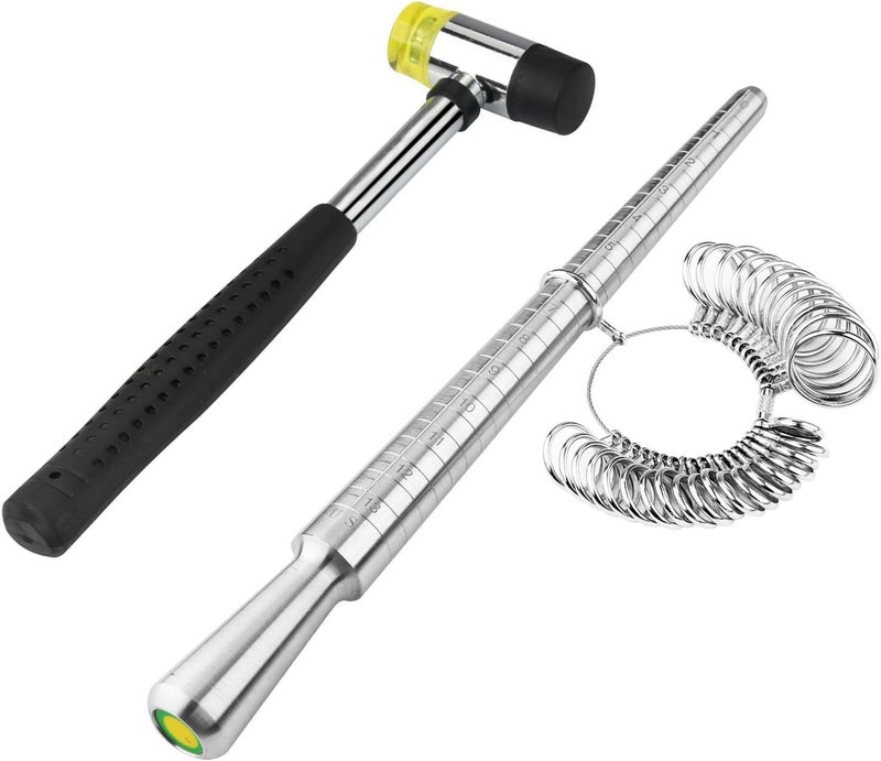 PHYHOO Rould Ring Mandrel Metal Ring Sizer Gauge Set with Jewelers Rubber Mallet Hammer Ring Measurement Tool Finger Sizing Size Measuring US Sizes 0-13 Steel Jewelry Making Tools - Image 1